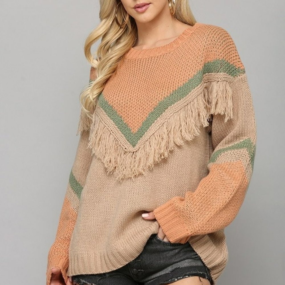 NEW GiGiO Clay And Taupe Fringe Tunic Sweater